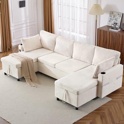 Image of ERYE 113-Inch Pull Out Sleeper Couch Bed with Cupholders, U Shaped Sleeper Sectional Sofa Convertible Sofa Bed for Living Room