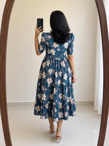 Image of Women's Rayon A-Line Midi Dress, Floral Print, Short Sleeves, Tiered Design, Round Neck, for Summer Wear