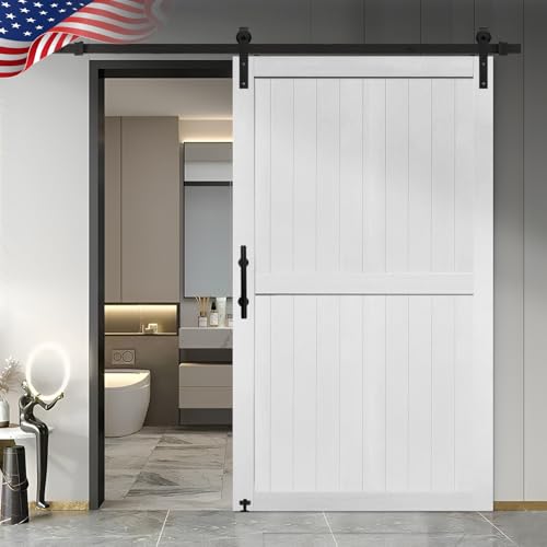 S&Z TOPHAND® 46in x 80in MDF Barn Door with 8FT Sliding Door Hardware Kit, 24-60in Solid Barn Door Slab Covered with Water-Proof PVC Surface, (J Shape)
