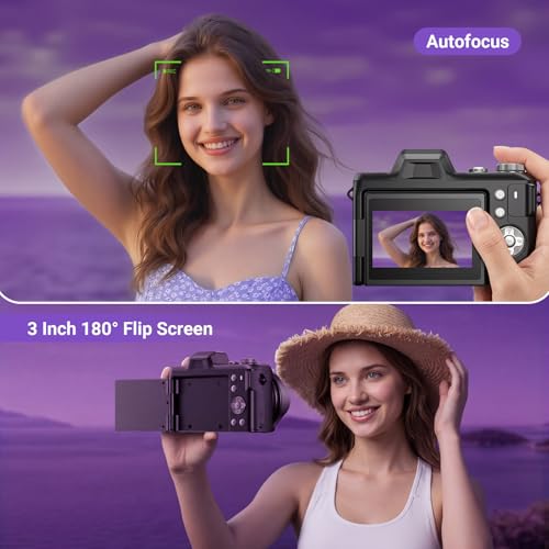 Image of 4K Digital Camera for Photography, 56MP Autofocus Vlogging Camera for YouTube Travel, 3 inch 180Flip Screen & Lens Hood 16X Zoom, 32GB SD Card for Teens & Beginners