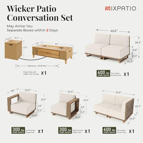 Image of MIXPATIO Patio Sectional Furniture Set with Fire Pit, 6 Seats Outdoor Wicker Sofa, Yellow Rattan Modular Conversation Sets with 10 inch Thick Cushions, L Shape Low Profile Lawn Deck Garden Furniture