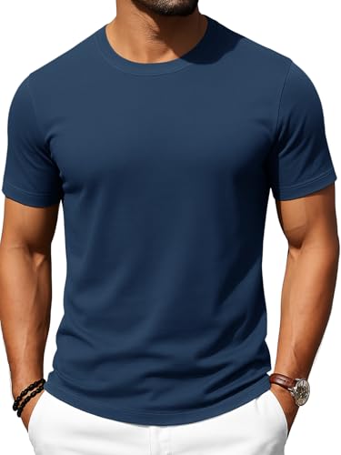 Runcati Men's Short Sleeve T-Shirt Premium Plain Crew Neck Tops Summer Gym Fitness Sports Shirt Lightweight Regular Fit Tee Navy Blue XL