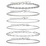 Molain 6Pcs Stainless Steel Chain Bracelets for Men Women, Cuban Rope Box Paperclip Wheat Link Chain Bracelet Set 7 Inch Adjustable Jewelry Gift
