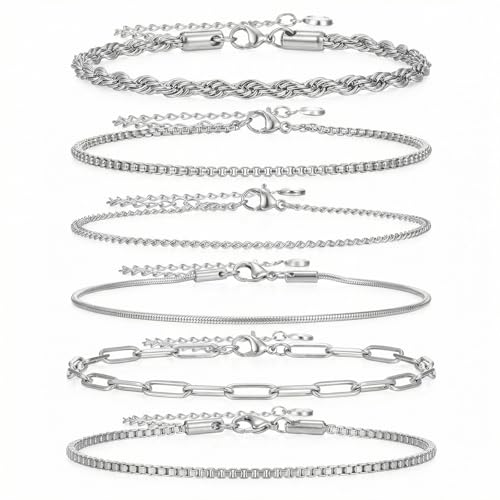 Image of Molain 6Pcs Stainless Steel Chain Bracelets for Men Women, Cuban Rope Box Paperclip Wheat Link Chain Bracelet Set 7 Inch Adjustable Jewelry Gift