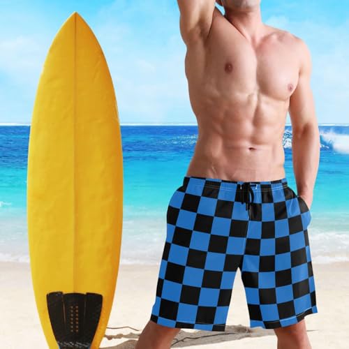 Dussdil Blue Black Checkerboard Men's Beach Shorts Swim Trunks Men Casual Board Shorts Quick Dry with Mesh Lining Pockets S4