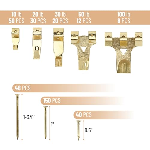 Image of Mr. Pen- Picture Hanging Kit, 410 pcs, Gold, Assorted Hooks, Nails | Sawtooth Hangers, D-Rings, Steel Wire, Ring Hooks, Home Wall Mount Hardware for Frames, Canvas, Decor
