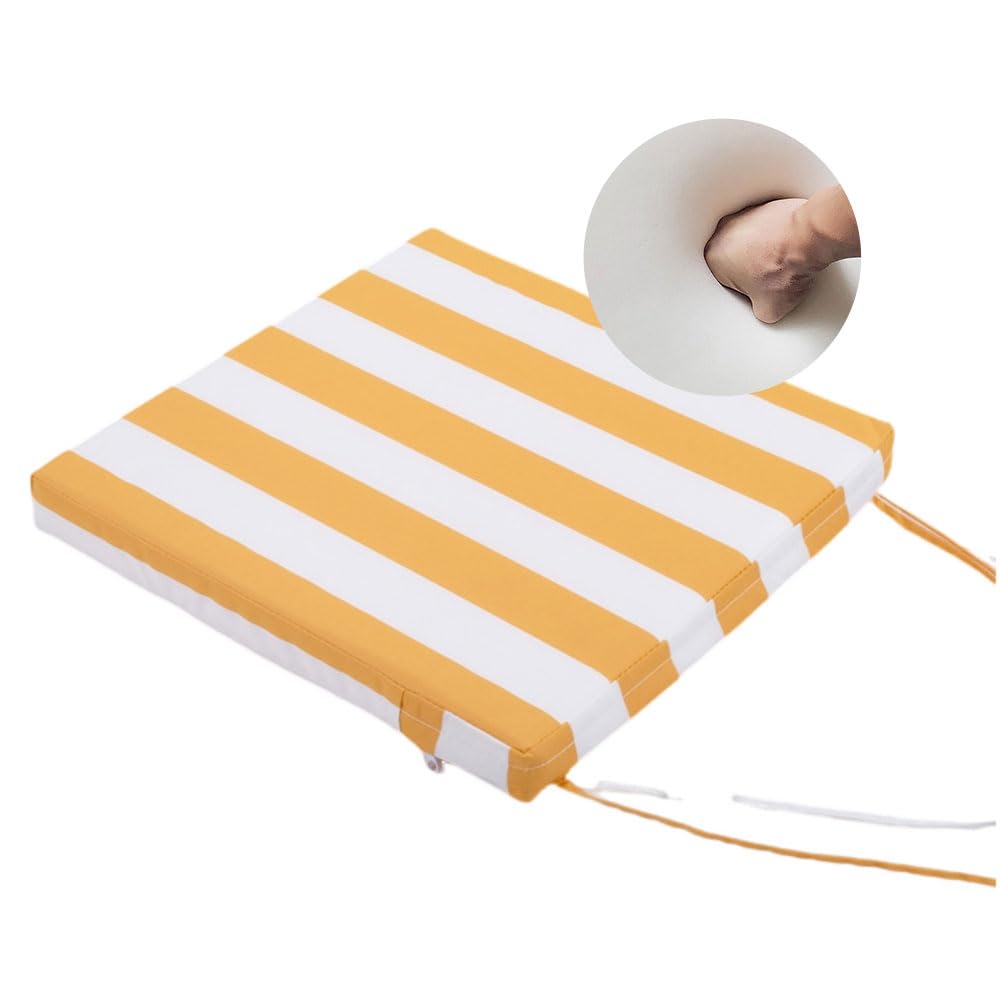 Surwin Outdoor Chair Cushions, Square Outdoor Garden Chair Seat Pads with Ties, Waterproof, Thick 5cm, for Indoor Furniture Home Office Kitchen Patio (Striped Yellow,45x45x5cm)