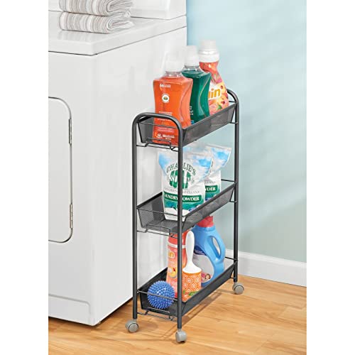 Mdesign Steel Rolling Utility Cart Storage Organizer Trolley With 3 Basket Shelves For Laundry Room, Mudroom, Garage, Bathroom Organization - Holds Detergents, Hand Soap - Biro Collection, Black #TOP2