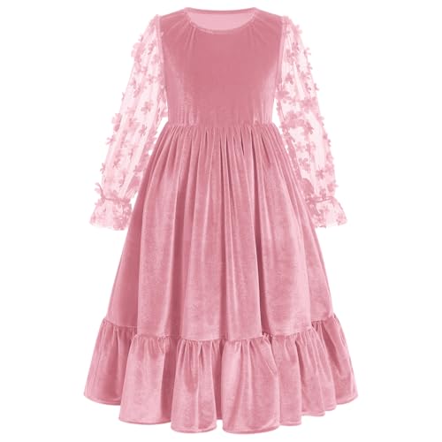 IBTOM CASTLE Velvet Dress for Girls 3D Flower Christmas Dress Mesh Long Sleeve Princess Party Dress Xmas Prom Dress for Toddler Birthday Outfits Fall Winter Wedding Pink 7-8 Years