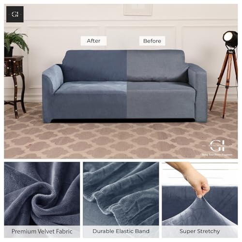 Image of Gifts Island Premium Velvet Sofa Cover 3 Seater and 2 Seater Fully Covered Universal 5 Seater Sofa Cover Non-Slip Sticky Elastic Stretchable Slipcover (Velvet Grey)