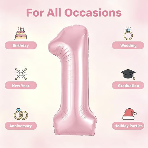 Image of Number Balloons Pink Party Balloon - Giant Number 1 Balloon, 40 Inch Large Balloon, Birthday Decorations for Women, Birthday Balloon for Anniversary Baby Shower Princess Party Decorations