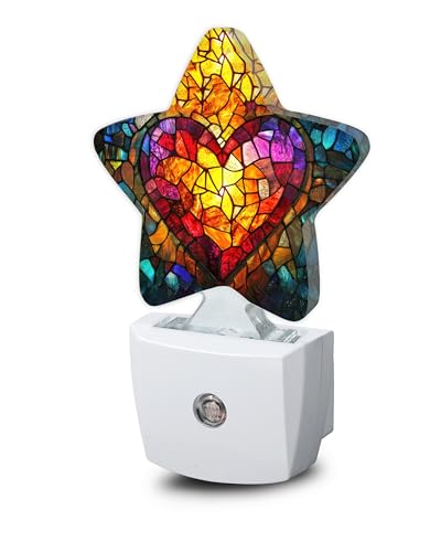 Image of Love Heart Stained Glass Night Lights Plug Into Wall,Abstract Star Night Light for Kids,Nightlight with Dusk to Dawn Smart Sensor for Bedroom Bathroom Decor,Children Women Men Gift
