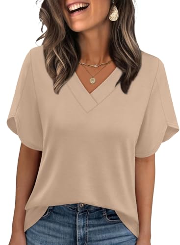 Image of WIHOLL Womens Summer Tops Short Petal Sleeve Shirts Fashion V Neck Womens Clothing