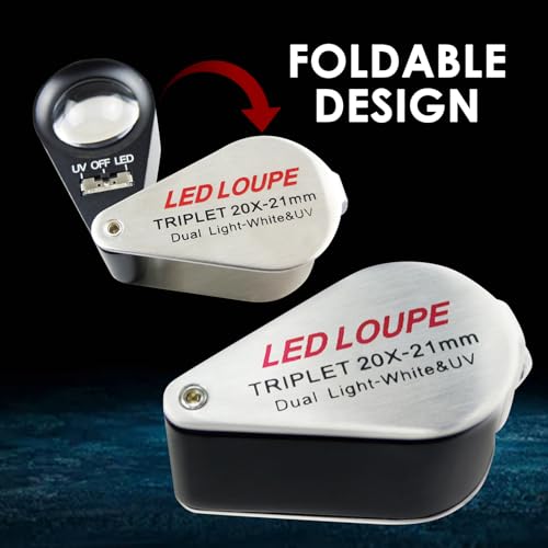Juwelierlupe Lupe mit Licht 20-fache Vergrößerung, Einschlaglupe Faltlupe mit LED- und UV-Licht, Uhrmacherlupe für Diamanten, Juweliere, Münzen, Briefmarken 21mm Lupen