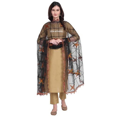 Image of ZEN APPAREL Women's Embroidered Net Dupatta with Lace Borders (Z-101) Premium Net Fabric Golden Aari Work
