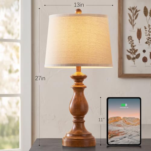 Image of PARTPHONER Traditional Table Lamp Set of 2, Rustic Farmhouse Table Lamps for Living Room Bedroom, 27 inch Bedside Desk Lamps Vintage Nightstand Lamps with Linen Shades, Wood Grain