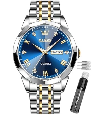 OLEVS Orologio da uomo con diamanti per affari, orologio analogico al quarzo in acciaio inossidabile, impermeabile, luminoso, con data, due toni, orologio da polso casual di lusso