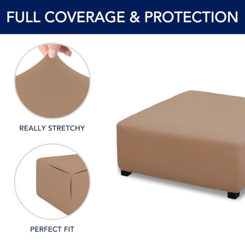 Image of PureFit Super Stretch Form Fit Ottoman Cover Rectangle - Ottoman Slipcovers for Foot Stool Cover & Folding Storage Slipcover for Living Room with Nonslip Elastic Bottom (Medium-L, Camel)