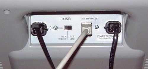 Задна view of Numark TTUSB turntable showing RCA, USB, and power connections