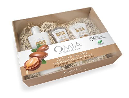 Omia - Beauty Box Viso Olio d'Argan, Confezione Regalo con Crema Viso, Detergente e Scrub Viso, Skin Care Nutriente e Idratante con Vitamina E e A, Dematologicamente Testato