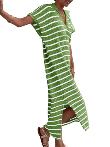 Saodimallsu Womens Striped Summer Dresses Short Sleeve V Neck Knit Collared Sexy Slit Loose Maxi Sweater Dress2