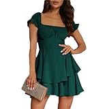 Women Solid Lotus Leaf Sleeves Mini Dress Square Neck Lace Up Dress EN8 XL