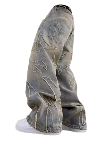 Y2k Ripped Wide Leg Jeans Men Denim Baggy Pant Oversized Hip Hop Flame Splicing Jeans Vintage Skater Pants