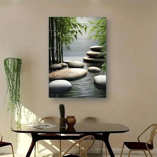 Toile murale zen bambou et pierre pour salon moderne