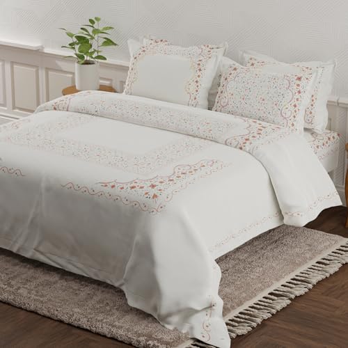 Image of BOUTIQUE LIVING Platinum Pulse 100% Cotton 800 TC White & Red Digital Meenakari Print King Bedsheet with 4 Pillow Covers