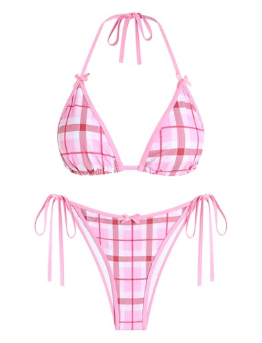 Image of ZAFUL Bikini Sets for Women Halter Bow Decor Tiny Floral Gingham Print Swimsuit Tie Side 2 Pieces Bathing Suit