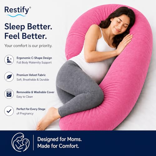Image of Restify C-Shape Pregnancy Pillow for Women Sleeping | Full Body Maternity Pillow for Back, Hips, Legs & Belly Support | Removable & Washable Velvet Cover | Pink