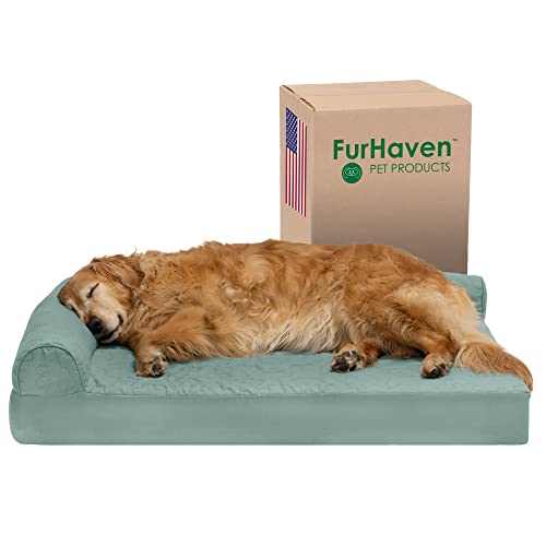Image of Furhaven Cooling Gel Dog Bed for Large Dogs w / Removable Bolsters & Washable Cover, For Dogs Up to 95 lbs - Pinsonic Quilted Paw L Shaped Chaise - Iceberg Green, Jumbo /XL