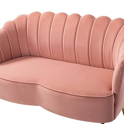 Hulala Home Velvet Loveseat Sofa With Gold Legs, Modern 2-Seater Sofa For Living Room Bedroom, Comfy Upholstered Small Love Seat Couch, Flower Shaped Back, Pink #TOP6