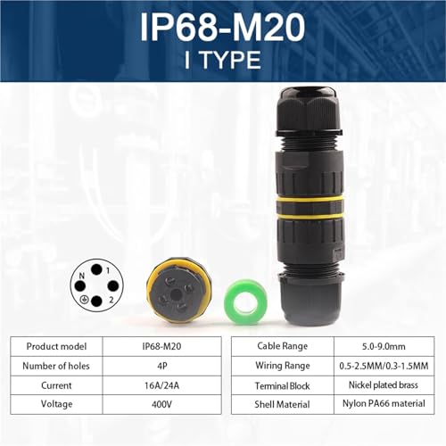 Wasserdichter IP68-M20-Kabelstecker – 2/3/4/5/6-poliger Schraubverdrahtungsanschluss(1Set 4P 5.0-9.0mm)