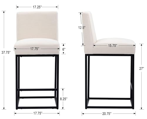 Image of HNY Modern Counter Height Bar Stools Set of 4, Linen Upholstered Kitchen Island Stools with Backrest, 27 Inch Bar Stools with Black Metal Frame, Cream