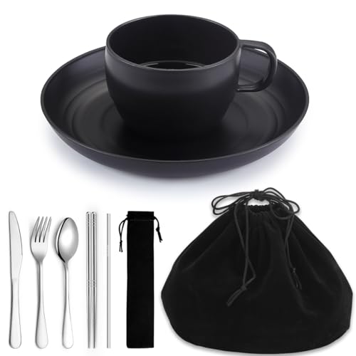 Homquen Ensemble d'assiettes et bols de camping, tasses à café, couverts de voyage comprenant cuillère, fourchette, couteau pour le travail, l'extérieur, le pique-nique, le camping (noir)