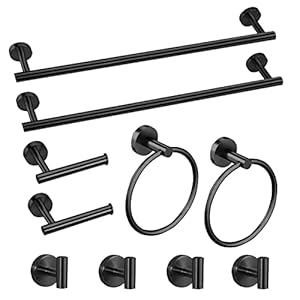 Cilee 10 Piece Matte Black Bathroom Accessories Set,16 inch Black Bathroom Hardware Set Towel Rack+Towel Ring+Robe Towel Hook+Toilet Paper Holder for Bathroom Wall,Stainless Steel Towel Bar