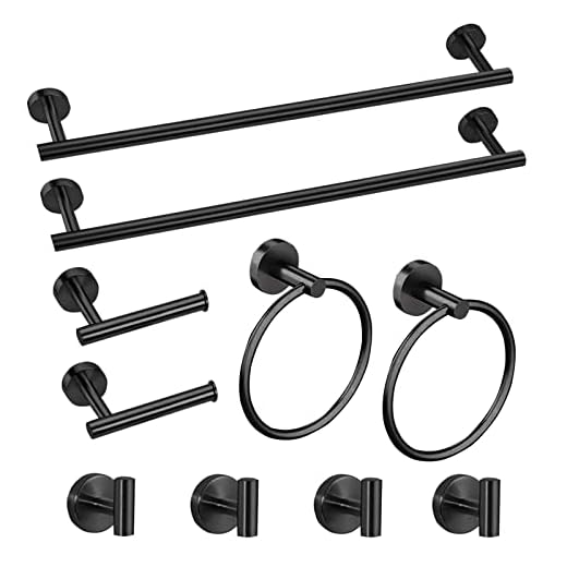Cilee Conjunto de 10 peças de acessórios de banheiro preto fosco, anel de barra de toalha preto de 61 cm + suporte de papel higiênico + gancho de toalha de roupão SUS304 conjunto de ferragens de