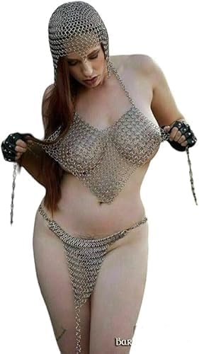 Medieval Women Chainmail Bikini Hatler Costume Hot Sexy Fancy Butted Chainmail 3 Piece Set Bra+Pantie+Coif Mail For Women & Girls (Anodized)