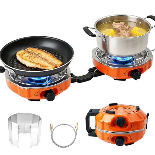 Réchaud de Camping à 2 Brûleurs, Réchaud à Gaz à 2 Feux Pliable avec Allumage Piézoélectrique, pour Barbecue en Plein Air, Randonnée et Urgences, Sac...