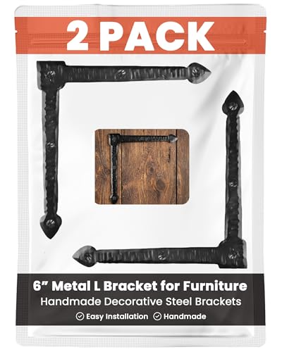 2 Pack 6" Metal L Bracket for Furniture - Black - Handmade Decorative Steel Brackets - Rustic Metal Corner Brackets for Front Doors, Gates, Garages, Tables & Cabinets - The Colonial Series