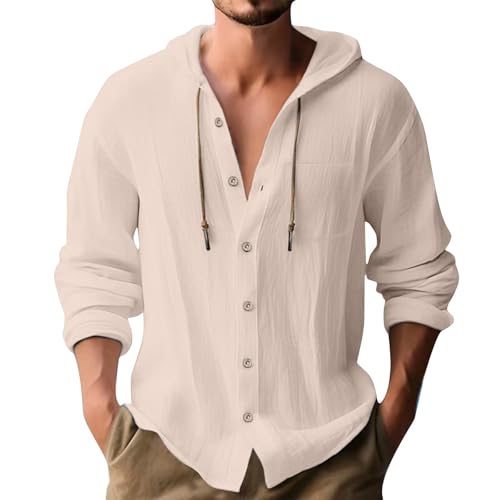 Camisa de playa con capucha de manga larga para hombre, camisa de manga larga de lino y algodón para hombre, forro suave y agradable al tacto, blusa transpirable que absorbe la humedad, perfecta para