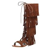 Scaoruki Women Classic Gladiator Sandals Flat Summer Boots Knee High Travel Shoes Lace up Fringe Yellow Size 40