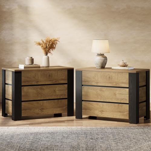 Image of Tribesigns 36 inch Wide Nightstand Set of 2, Oversized Night Stand with 3 Drawers, Extra Large Nightstand Bedside Table for Bedroom, Farmhouse Side End Table with Storage, Wood Color