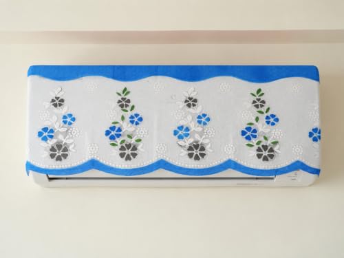 Image of Premium Cotton Net AC Cover for 1.5-2 Ton Split Air Conditioner | Dust Protection AC Indoor Unit Cover for Summer | Embroidered & Printed | Pack of 1 (Blue Flower)