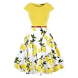 MissFox Plus Size Dress Vintage Cap Sleeve Lemon Flower Print Dress