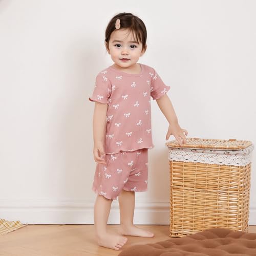 Toddler Baby Girl Summer Clothes Ribbed Knitted Short Sleeve T-Shirt Tops Ruffle Shorts Set 2Pcs Bow Outfit2