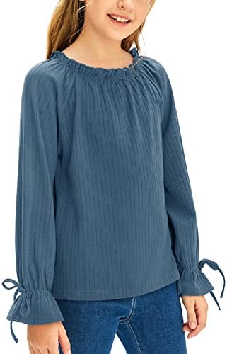Saudacdn Girls Long Sleeve Ribbed Shirts Casual Knit Loose Round Neck Tee Puff Ruffle Drawstring T Shirt Blue