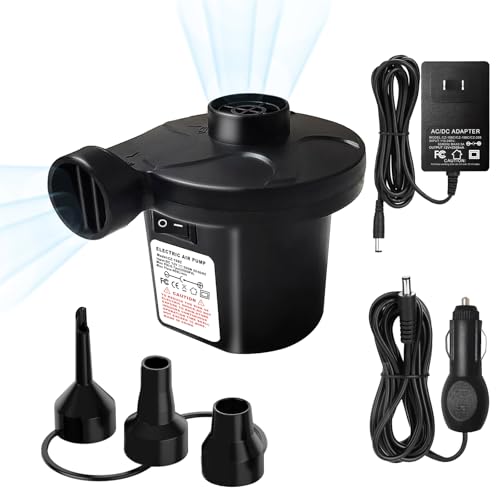 Air Pump for Inflatables - Electric Air Mattress Pump with 3 Nozzles, Portable Quick-Fill Inflator Air Pump for Inflatable Boat, Air Mattress Beds, Swimming Ring, Compatible with Home and Car Adapter