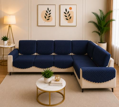 Image of Solid Color 7 Seater L-Shape Sofa Cover, Quilted Texture, Sectional Couch Protector for Living Room-Pack of 14 (Navy Blue)
